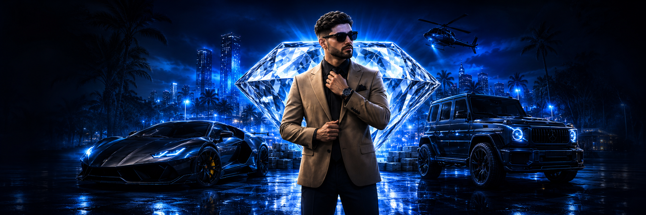 Team Flank executive, diamond, luxury cars, and blue city skyline
